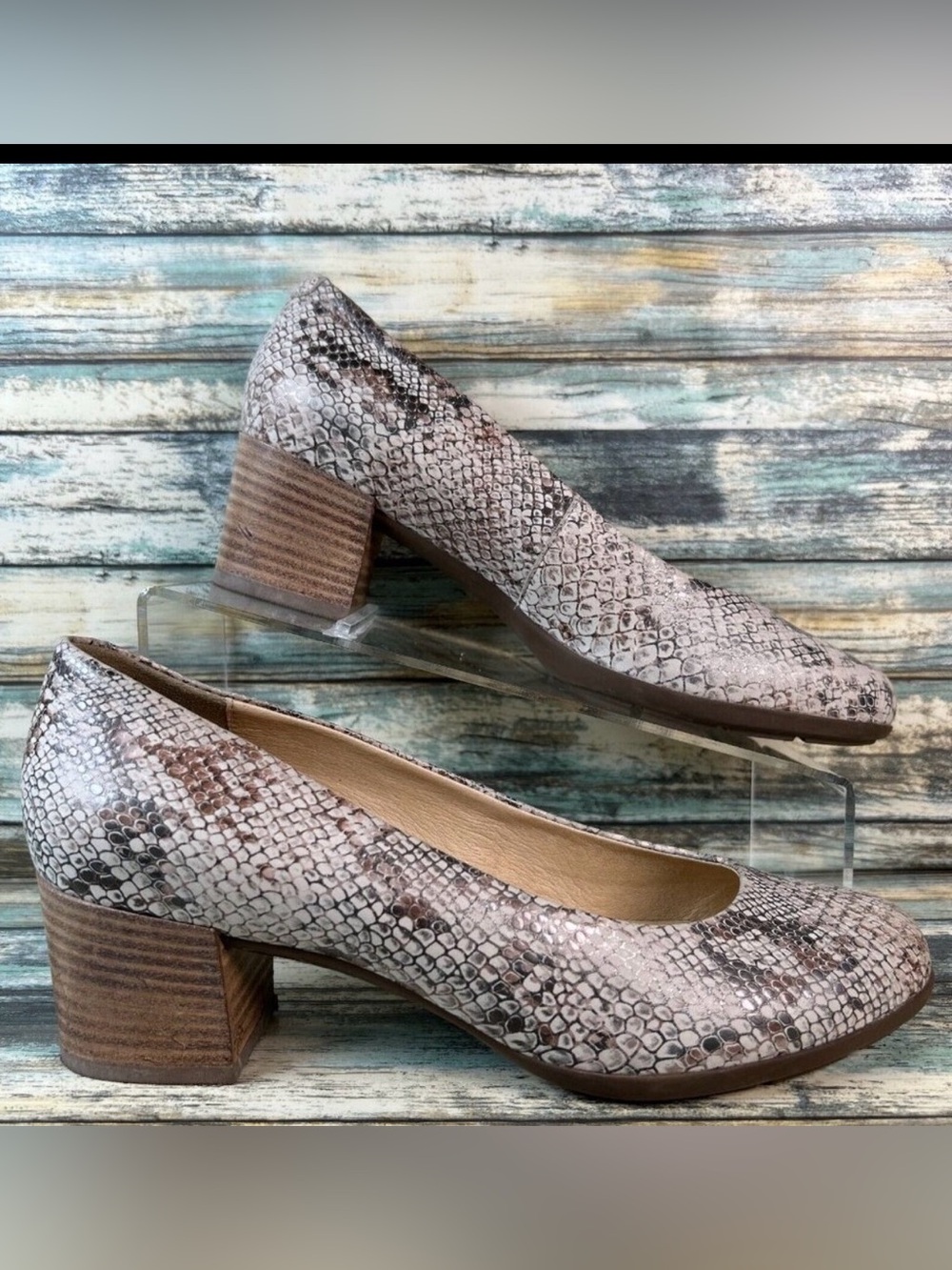 GEOX Snake Print Pumps Womens 10 Gray Brown Leather Low Block Heel Dress Work